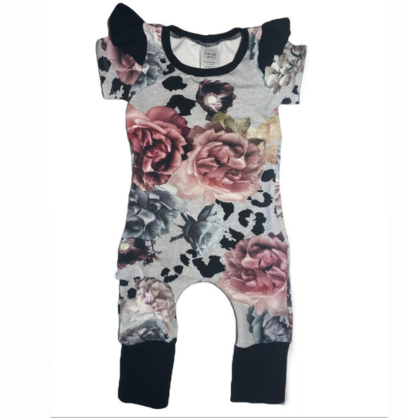 Zipper Floral and Fauna Short Sleeve Grow Romper with Flutters