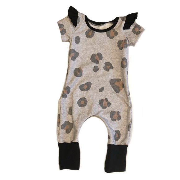 Zipper Leopard Short Sleeve Grow Romper with Flutters